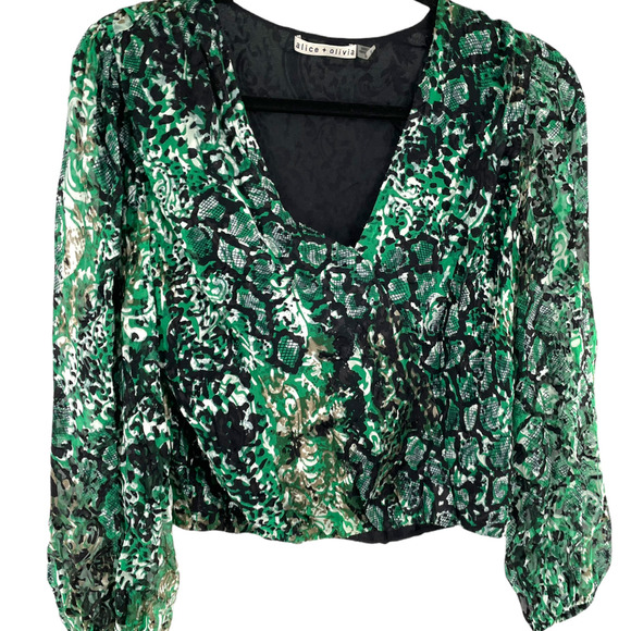 NWOT ALICE + OLIVIA GREEN ANIMAL PRINT DEVORE FAUX WRAP - Picture 2 of 5